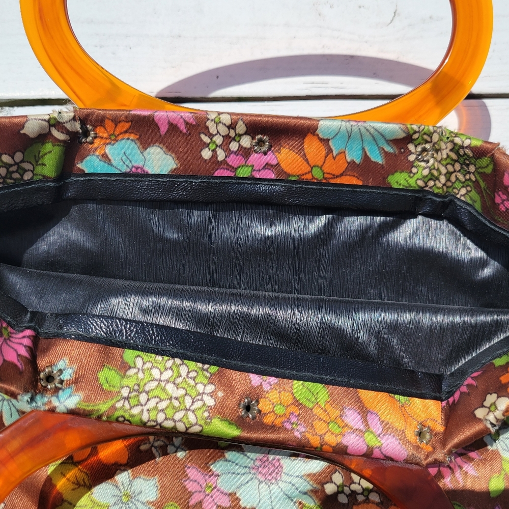 Vintage Lady's Pride Folding Floral Tote ~ Mod 1960s ~ Lucite Handles ~ Flawed - Picture 5 of 16